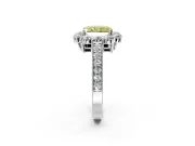 Halo Engagement Ring Setting for Fancy Yellow Radiant Cut Center with Milgrain Channel Band and Prong Head in White Gold