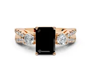 3 Stone Engagement Ring Setting for Fancy Black Emerald Cut Center with Pave Split Shank and Prong Head in Rose Gold