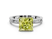 Solitaire Engagement Ring Setting for Fancy Yellow Princess Cut Center with Engraved Milgrain Band and Prong Head in Sterling Silver