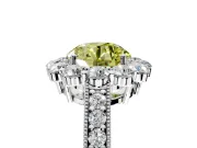 Halo Engagement Ring Setting for Fancy Yellow Round Cut Center with Milgrain Channel Band and Prong Head in Platinum