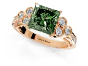 Cluster Engagement Ring Setting for Fancy Green Princess Cut Center with Bezel Accent Clusters and Prong Head in Rose Gold