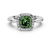 Halo Engagement Ring Setting for Fancy Green Cushion Cut Center with Tapered Plain Band and Prong Head in White Gold