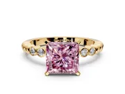 Solitaire Engagement Ring Setting for Fancy Pink Princess Cut Center with Bezel-Dot Beaded Band and Prong Head in Yellow Gold