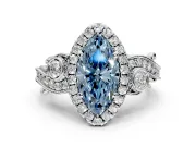 Milgrain Halo Engagement Ring Setting for Fancy Blue Marquise Center with Shoulder Bezels and Prong Head in Platinum