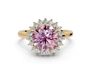 Starburst Halo Engagement Ring Setting for Fancy Pink Round Cut Center with Thin Round-Wire Band and Prong Head in Yellow Gold