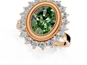 Halo Engagement Ring Setting for Fancy Green Oval Center with Milgrain Bezel Rim, Plain Band and Prong Head in Rose Gold