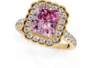 Milgrain Floral Halo Engagement Ring Setting for Fancy Pink Radiant Cut Center with Pave Band and Prong Head in Yellow Gold