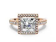 Accent Halo Engagement Ring Setting for Princess Cut Center with Full-Length Pave Band and Prong Head in Rose Gold