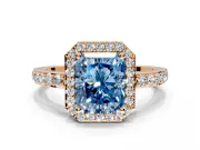 Halo Engagement Ring Setting for Fancy Blue Radiant Cut Center with Heart-Shaped Openwork, Pave Band and Prong Head in Rose Gold