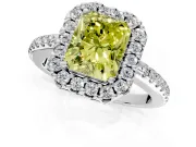 Pave Halo Engagement Ring Setting for Fancy Yellow Radiant Cut Center with Single Row Pave Band and Prong Head in White Gold