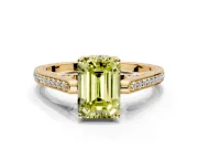 Cathedral Engagement Ring Setting for Fancy Yellow Emerald Cut Center with Antique-Style Pave Band and Prong Head in Yellow Gold