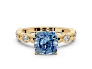 Solitaire Engagement Ring Setting for Fancy Blue Cushion Cut Center with Beaded Bezel Station Band and Prong Head in Yellow Gold