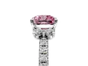 Paired Accent Engagement Ring Setting for Fancy Pink Cushion Cut Center with Pave Band and Prong Head in Platinum