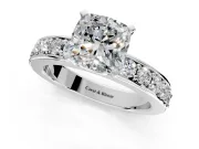 Solitaire Engagement Ring Setting for Cushion Cut Center with Channel-Set Accents and Prong Head in White Gold