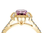Milgrain Floral Halo Engagement Ring Setting for Fancy Pink Emerald Cut Center with Pave Band and Prong Head in Yellow Gold