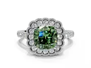 Milgrain Floral Halo Engagement Ring Setting for Fancy Green Cushion Cut Center with Pave Band and Prong Head in Sterling Silver