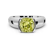 Tension Engagement Ring Setting for Fancy Yellow Cushion Cut Center with Wide Flat Band and Tension Head in White Gold