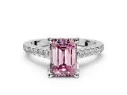 Solitaire Engagement Ring Setting for Fancy Pink Emerald Cut Center with Widening Pave Band and Claw Prong Head in Platinum