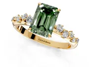 Cluster Engagement Ring Setting for Fancy Green Emerald Cut Center with Round Cut Accent Band and Prong Head in Yellow Gold