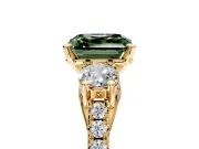 3 Stone Engagement Ring Setting for Fancy Green Asscher Cut Center with Crossover Basket, Pave Band and Prong Head in Yellow Gold