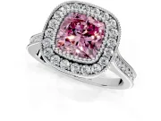 Halo Engagement Ring Setting for Fancy Pink Cushion Cut Center with Milgrain Frame, Pave Band and Prong Head in Platinum