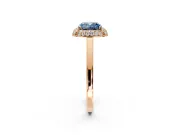 Halo Engagement Ring Setting for Fancy Blue Cushion Cut Center with Plain Tapered Band and Prong Head in Rose Gold