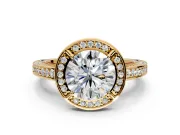 Halo Engagement Ring Setting for Round Cut Center with Framed Halo, Pave Band and Prong Head in Yellow Gold