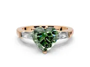 3 Stone Engagement Ring Setting for Fancy Green Heart-Shaped Center with Tapered Baguettes, Plain Band and Prong Head in Rose Gold
