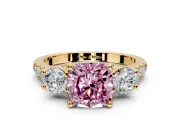 3 Stone Engagement Ring Setting for Fancy Pink Cushion Cut Center with Crossover Basket, Pave Band and Prong Head in Yellow Gold