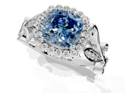 Halo Engagement Ring Setting for Fancy Blue Cushion Cut Center with Leaf Motif Split Shank and Prong Head in Sterling Silver