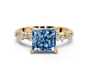 Solitaire Engagement Ring Setting for Fancy Blue Princess Cut Center with Trailing Leaf Accent Band and Prong Head in Yellow Gold