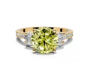 3 Stone Engagement Ring Setting for Fancy Yellow Round Cut Center with Round Cut Side Accents and Prong Head in Yellow Gold