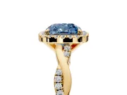 Halo Engagement Ring Setting for Fancy Blue Cushion Cut Center with Pave and Plain Twist Band and Prong Head in Yellow Gold