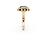 Cluster Halo Engagement Ring Setting for Fancy Blue Asscher Cut Center with Milgrain Bezel Accents and Prong Head in Yellow Gold