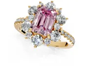 Floral Halo Engagement Ring Setting for Fancy Pink Emerald Cut Center with Pave Accents and Prong Head in Yellow Gold