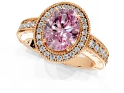 Milgrain Halo Engagement Ring Setting for Fancy Pink Oval Center with Pave Band and Prong Head in Rose Gold