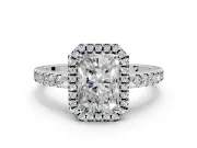 Accent Halo Engagement Ring Setting for Radiant Cut Center with Full-Length Pave Band and Prong Head in Platinum