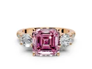 3 Stone Engagement Ring Setting for Fancy Pink Asscher Cut Center with Crossover Basket, Pave Band and Prong Head in Rose Gold