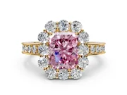 Halo Engagement Ring Setting for Fancy Pink Radiant Cut Center with Milgrain Channel Band and Prong Head in Yellow Gold