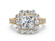 Halo Engagement Ring Setting for Princess Cut Center with Milgrain Channel Band and Prong Head in Yellow Gold