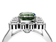 Cluster Halo Engagement Ring Setting for Fancy Green Radiant Cut Center with Milgrain Bezel Accents and Prong Head in Platinum