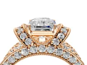 Pave Engagement Ring Setting for Radiant Cut Center with Curved Accent Rows, Openwork and Prong Head in Rose Gold
