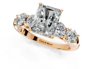 5 Stone Engagement Ring Setting for Radiant Cut Center with Graduated Accents and Prong Head in Rose Gold