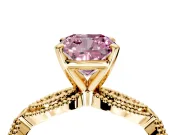 Solitaire Engagement Ring Setting for Fancy Pink Cushion Cut Center with Marquise Panel Band and Prong Head in Yellow Gold