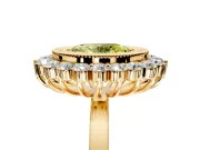 Halo Engagement Ring Setting for Fancy Yellow Oval Center with Milgrain Bezel Rim, Plain Band and Prong Head in Yellow Gold
