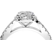 Halo Engagement Ring Setting for Cushion Cut Center with Full Pave Band and Prong Head in White Gold