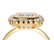 Halo Engagement Ring Setting for Emerald Cut Center with Milgrain Bezel Rim, Plain Band and Prong Head in Yellow Gold