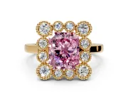 Cluster Halo Engagement Ring Setting for Fancy Pink Radiant Cut Center with Milgrain Bezel Accents and Prong Head in Yellow Gold