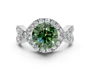 Halo Engagement Ring Setting for Fancy Green Round Cut Center with Pave Infinity Twist Band and Prong Head in White Gold