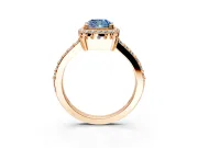 Halo Engagement Ring Setting for Fancy Blue Cushion Cut Center with Inner Milgrain Border and Prong Head in Rose Gold